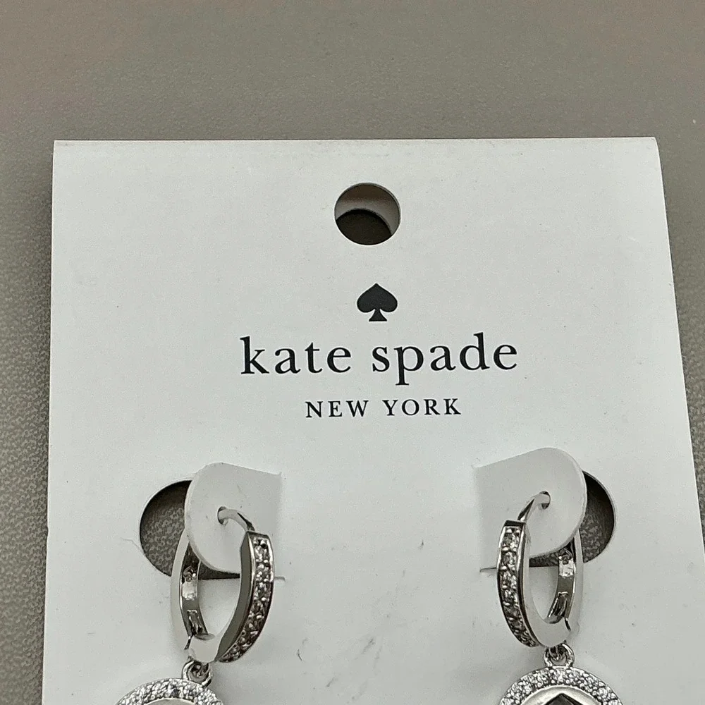 Kate Spade New York Earrings Women Silver Tone Cubic Zirconia Spade Logo Huggie